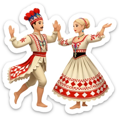 Cinematic Realistic scene of two performers engaging in the Croatian Linđo folk dance, adorned in vibrant traditional costumes with intricate patterns and accessories, captured in graceful, synchronized motion under festive natural lighting. sticker