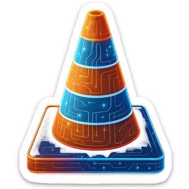 Recreate the VLC cone icon in a cyberpunk, holographic style with glowing neon orange, blue, and pink edges. Include intricate circuit patterns throughout the entire icon. Maintain the recognizable orange and white cone shape and colors, but make the design flat and futuristic with a clean cyberpunk glow and consistent intricate circuit details. The background should be transparent, and the overall style should be flat and futuristic matching cyberpunk aesthetics. sticker