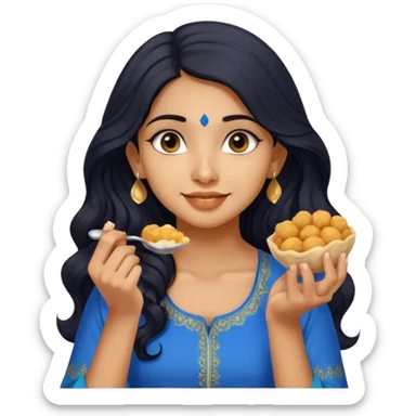 a pretty tan indian bratz girl with wavy long BLACK hair. eyeliner on, wearing a blue kurti, eating golgappa (without spoon) sticker
