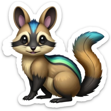 Colorful onyx-obsidian-pitch-black and iridescent Cacomistle-Numbat-Bunny-Ferret-hybrid-fusion-animal-creature, full body  sticker