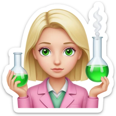 blonde girl with green-grey eyes, dressed in pink clothes, chemist sticker
