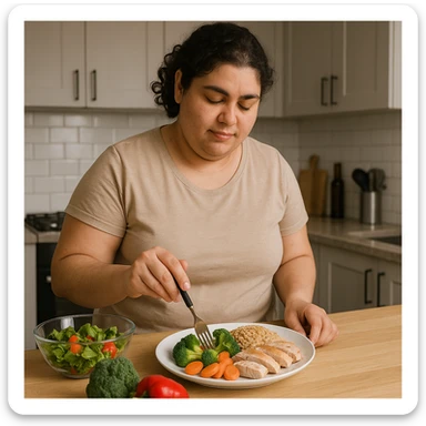 woman with PCOS preparing a balanced low glycemic index meal: vegetables, lean proteins, whole grains, committed atmosphere, realistic details, modern kitchen background sticker