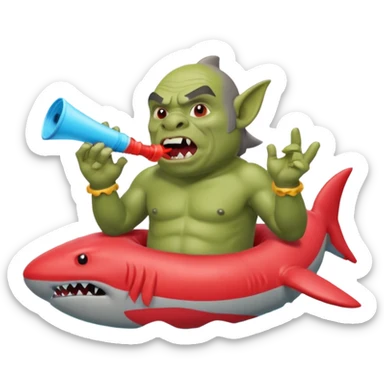 orc male in shark floatie, blowing whistle. Red swim trunks sticker