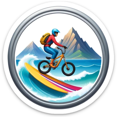 A bold, dynamic emblem combining elements of extreme sports like a mountain, a bike, surfing, ocean and a parachute, all within a circular or shield-like shape. The design conveys speed, adventure, with sharp lines and vibrant colors representing the thrill and intensity of extreme sports. sticker