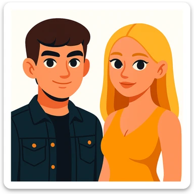 Slightly increase the volume of the upper body of the girl, separate the girl and the boy from each other, make the skin color the same for both. Keep the cartoon style with a white background. sticker