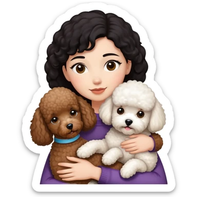 woman with short black hair hugging a brown poodle and a white bichon frise sticker