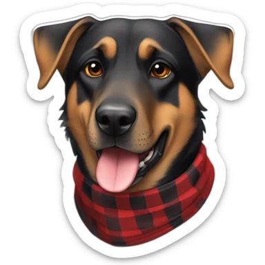 adult 75% Coonhound 25% German Shepherd mix dog wearing small pointed red buffalo plaid bandana sticker