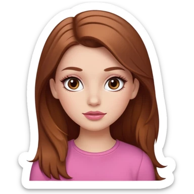 white girl with long brown hair with caramel highlights wearing a white top. Blush on the cheeks and big eyelashes and a brown-pink lip combo  sticker