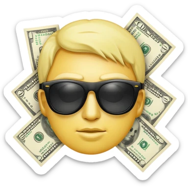 yellow head emoji with dollar bills for eyes, wearing slightly transparent black sunglasses, money symbols on face sticker