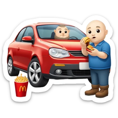 A dwarf eating McDonald's in front of a Volkswagen Eos. sticker