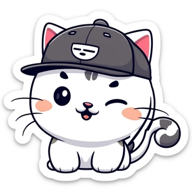 close-up of cat's face with one eye completely closed in an obvious wink, other eye open, wearing black snapback cap, black sunglasses positioned low on nose so cat is peeking over them, mischievous expression sticker
