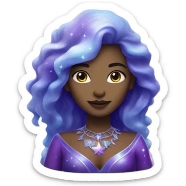 white skin mystical woman with sparkling galaxy hair with moon and stars in purple and blue shades sticker