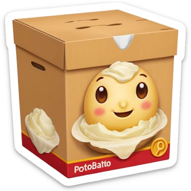 thick upright cardboard box warm yellow and red featuring smooth mashed potato image front no branding subtle potato motifs no visible bowl sachets closed box soft lighting transparent background emoji scale sticker