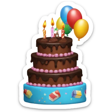 A chocolate birthday cake with balloons coming out on it saying happy birthday sticker