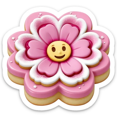 Realistic shortbread cookie in the shape of a camilia flower with pastel pink color jelly middle filling andkled powder sugar on top.emoj sprini sticker