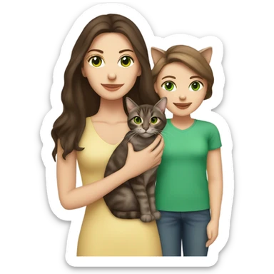 Caucasian women with long dark brown hair and brown eyes holding a tabby cat with green eyes sticker
