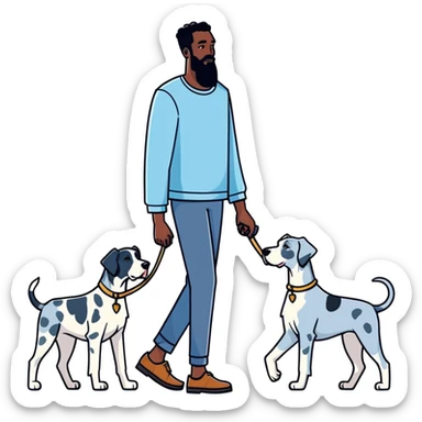 man and dog, tall bearded black man walking blue Merle Great Dane, illustration style sticker