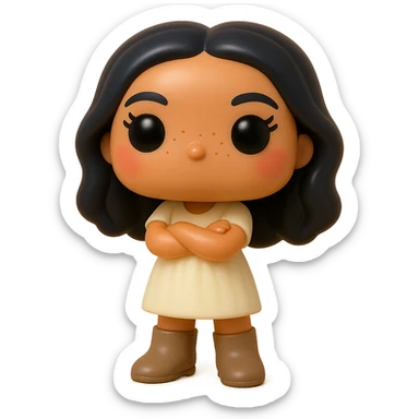 Enhance the Funko Pop style vinyl figure with superior quality, smooth tanned skin, detailed dark hair, textured feminine cream dress, greige leather boots clearly visible, arms crossed, rosy cheeks, very discreet freckles, eyelashes, mischievous and cheerful expression, no mouth, transparent background. sticker