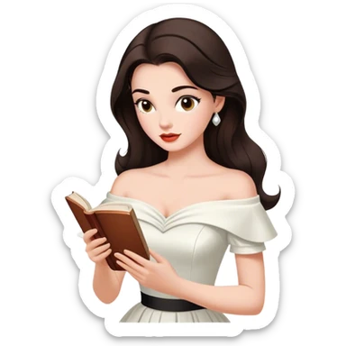 Beautiful woman in 1950’s woman fashion look, off-shoulder white dress, long dark brown hair, reading  sticker