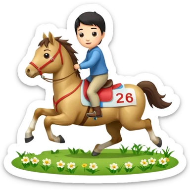 l little chinese boy riding on a  cute horse running on the grass with 2026 year label sticker