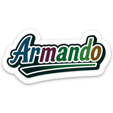 The name 'Armando' in a masculine, modern font with gradient colors including blue, gray, burgundy, green, and brown. The text uses precise Hungarian characters, has a dark outline, extra thick and prominent white letter border, and a dynamic slanted underline. Image size 1000x1000 px, PNG format, transparent background. sticker