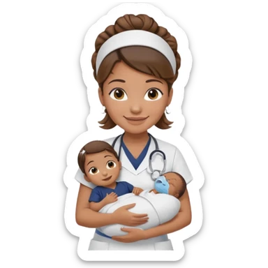 Female nurse smiling with her hair tied up in a roll on the top front of head with medium brown skin and brown eyes holding one new born with navy blue short sleeves sticker