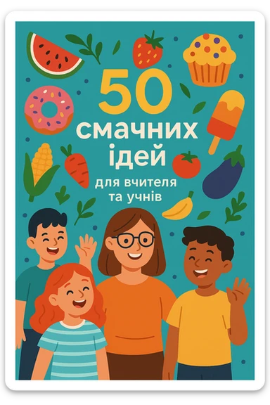 Cover of a guidebook with Ukrainian text: '50 смачних ідей для вчителя та учнів'. Modern style, bright colors, illustrations of food including fruits, vegetables, desserts, smiling teacher and students, festive atmosphere, clean design. sticker