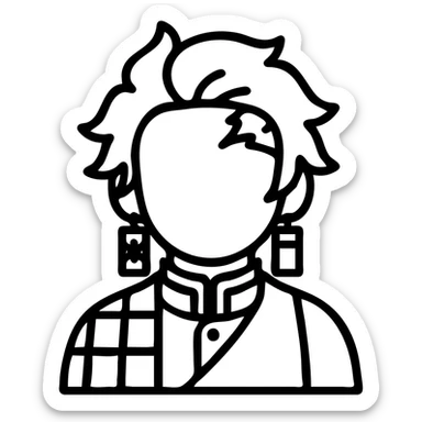 Tanjiro Kamado from Demon Slayer, outlined icon style, simple lines, focus on hanafuda earrings and checkered haori sticker