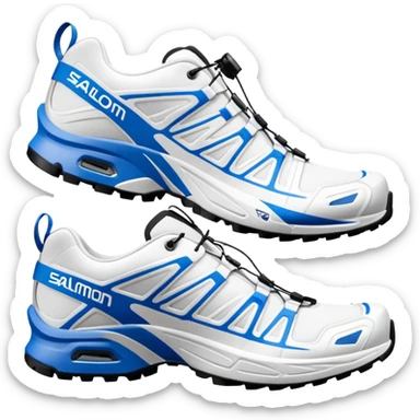 Minimalist white Salomon XT-6 with blue signature Salomon stripe across the middle, one positioned behind the other, iOS emoji style, completely white except for the distinctive colored middle stripe sticker