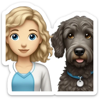 A black and grey golden doodle and a white girl with straight brown hair and blue eyes sticker