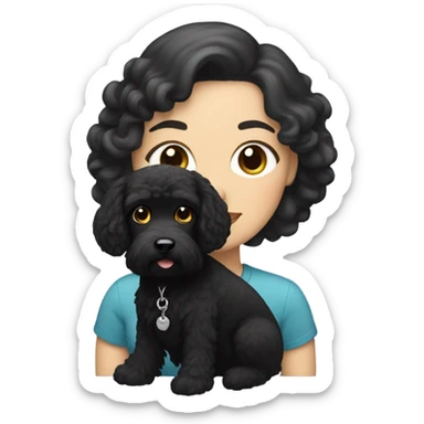 white woman with black hair and a black cockapoo sticker