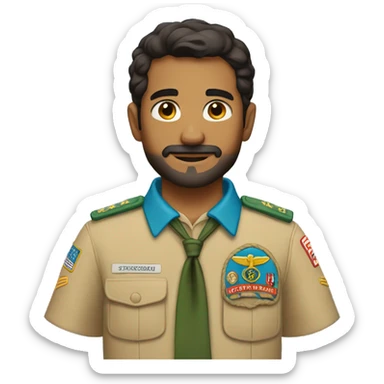 Man with dark hair, a three days beard, in light blue boy scout uniform sticker