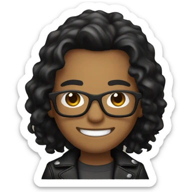 programmer, with light brown skin, square glasses, black wavy hair, wearing a black leather jacket and smiling (show teeth.) sticker