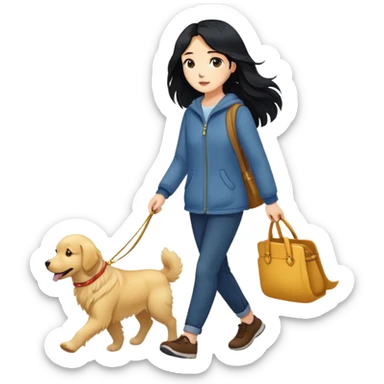 Long black hair - girl walking with a golden retriever sticker
