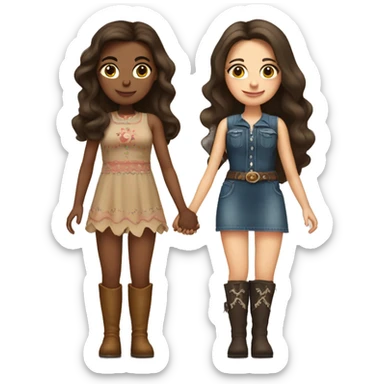two brunette sisters, one with long hair, one with short hair. They are holding hands in cute mini dresses and cowboy boots sticker