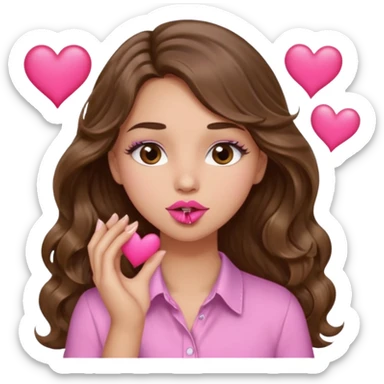 girl with long wavy brown hair, brown eyes, light to medium complexion, in a pink shirt, pink lips, long lashes, puckering up for a kiss, kiss lips and hearts in hand sticker