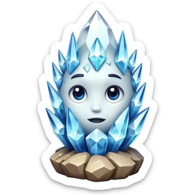 A single cute crystal rock character inspired by a clear quartz cluster, chunky round base with many tall transparent crystal spikes growing upward all around it with a face sticker