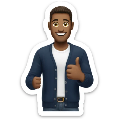 Smling man showing thumbs up, wearing navy cardigan and white t-shirt sticker