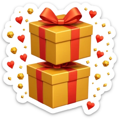 3D emoji style illustration of a big golden gift box with a shiny orange ribbon, a red off-road SUV car jumping out of the box, bright glowing orange background, small playing cards and sparkles flying around, no text, high resolution, square image sticker