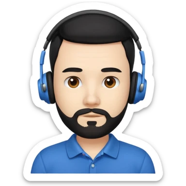black and  hair with beard and headphones white skin male and nice polo shirt hair short on side sticker
