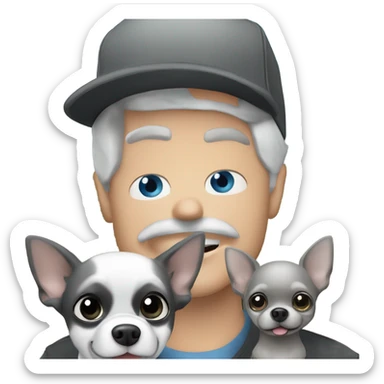 Handsome blue eyed man, with grey hair,  and grey goatee beard, wearing ball cap, holding ‘a black long hair chihuahua’ sticker