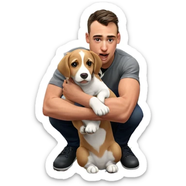 boy holding puppy by door sticker