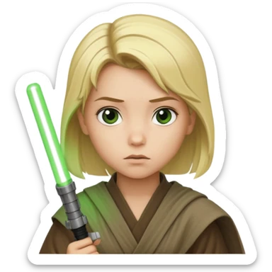 Young jedi with blonde hair holding a green lightsaber sticker