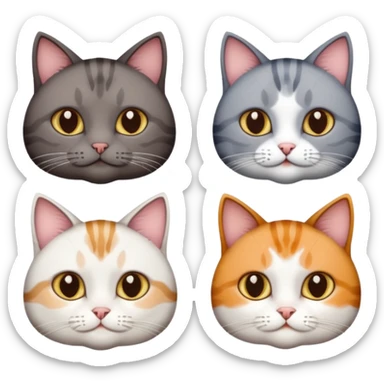 4 different coloured short haired cats including; a dark brown tabby and white cat, and a dark grey and white  sticker