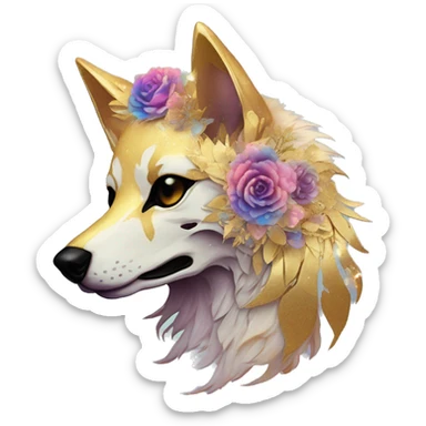 iridescent kintsugi fluffy dog fox head zombie skull skeleton gold mechanical nebula galaxy stars colorful flowers fairy lights vintage sticker