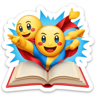 Create a vibrant emoji representing comic books and graphic novels. The design should feature a large, open comic book or vintage comic magazine with pages displaying classic comic art, with text. The comic pages should have bold, dynamic panels and action scenes. Include a pencil writing on the pages, but without a hand, to symbolize the artistic creation of comics. Use bright colors like red, blue, and yellow, with a retro feel to the design. Make the background transparent. sticker