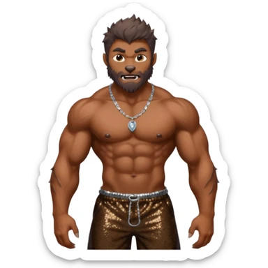 Werewolf with brown fur, dark brown sequin baggy pants, shirtless with necklace sticker