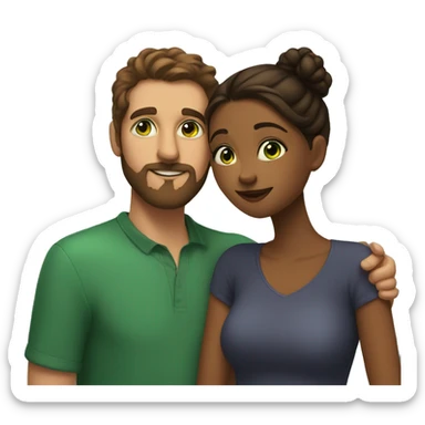 short brown girl with green eyes and full cheeks kisses a taller guy with brown hair and a beard sticker