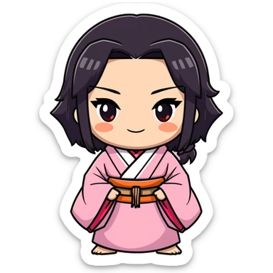 Nezuko Kamado from Demon Slayer, cute cartoonish sticker style, pink kimono, bamboo muzzle, long black hair with orange tips, big expressive eyes, chibi style sticker