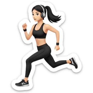 Running slim girl, tan skin, black hair, headphones, black sport bra, black leggings, white sneakers sticker